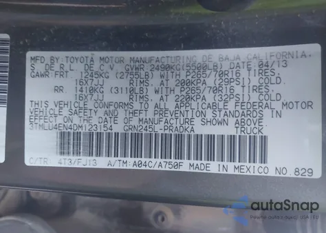 2013 Toyota Tacoma Base V6 z USA, uszkodzony, nr VIN 3TMLU4EN4DM123154